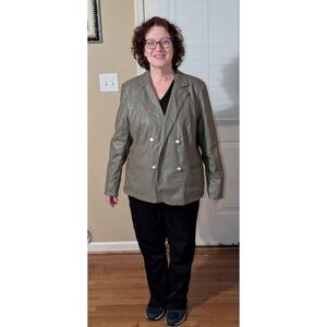 Candace Cameron Bure Olive Faux Leather Blazer Jacket L Double Breasted Soft